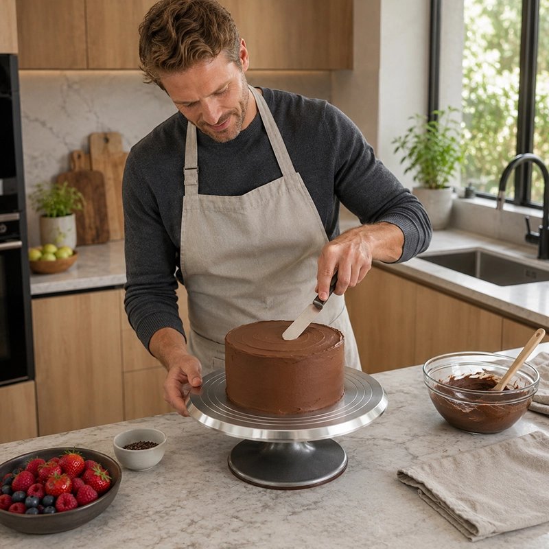 Plateau patisserie tournant​ inox avec gâteau au chocolat