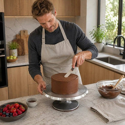 Plateau patisserie tournant​ inox avec gâteau au chocolat