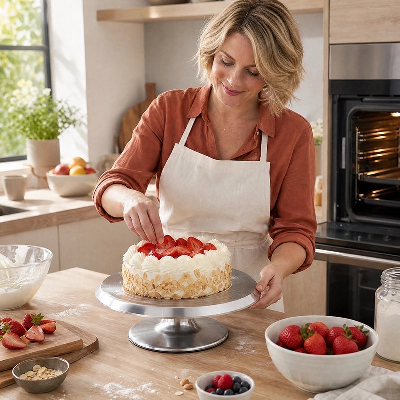 Plateau patisserie tournant​ inox avec gâteau aux fraises