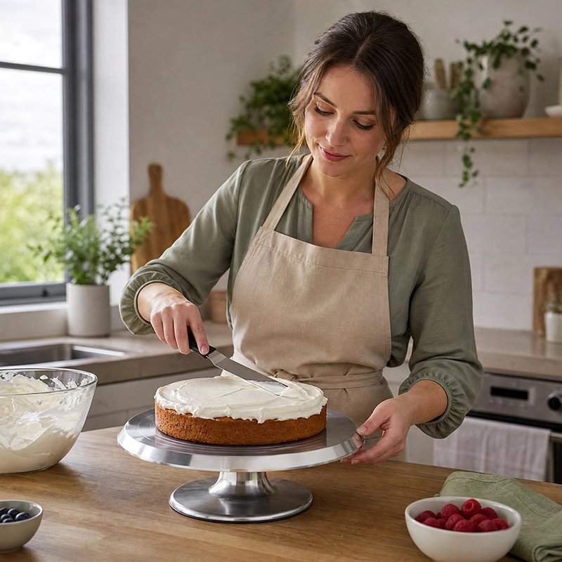 Plateau patisserie tournant​ inox avec gâteau blanc