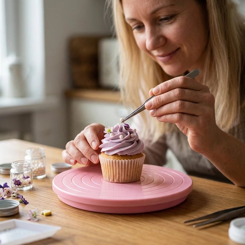 Plateau patisserie tournant​ rose avec cupcake décoré