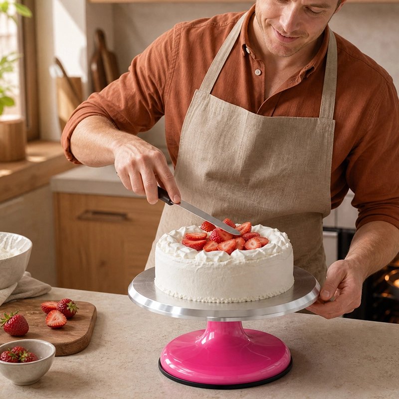 Plateau patisserie tournant​ rose avec gâteau aux fraises