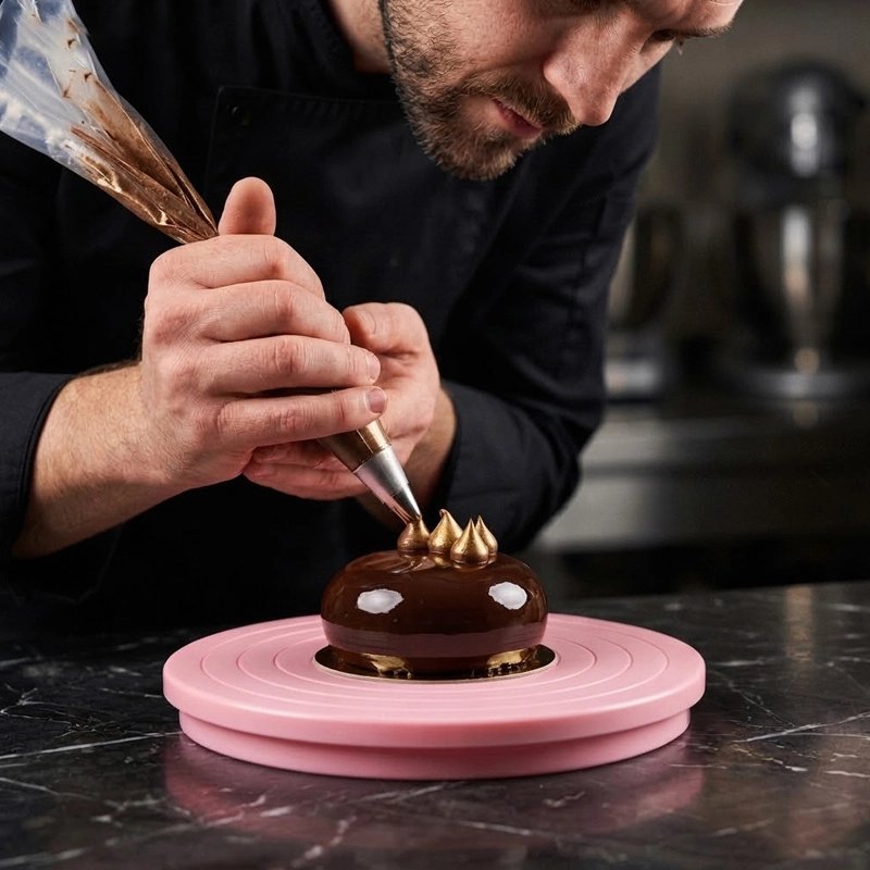 Plateau patisserie tournant​ rose avec gâteau chocolat