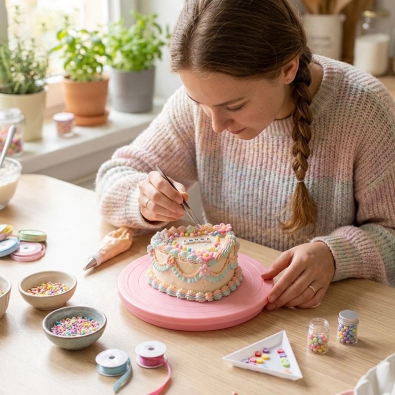 Plateau patisserie tournant​ rose avec gâteau décoré