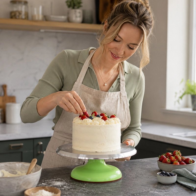 Plateau patisserie tournant​ vert avec gâteau décoré