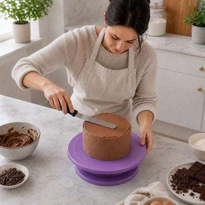 Plateau patisserie tournant​ violet avec gâteau chocolat