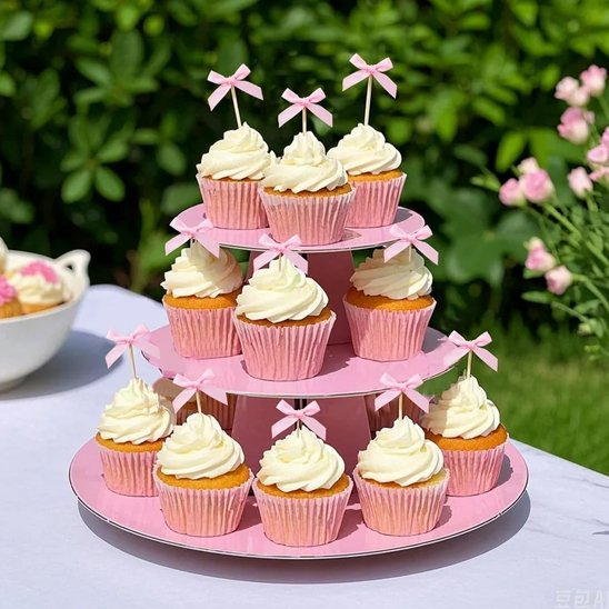 présentoir à trois niveaux montrant des cupcakes avec decoration gateau anniversaire de rubans roses, disposés de manière élégante