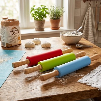 Rouleau patisserie silicone coloré avec poignées en bois
