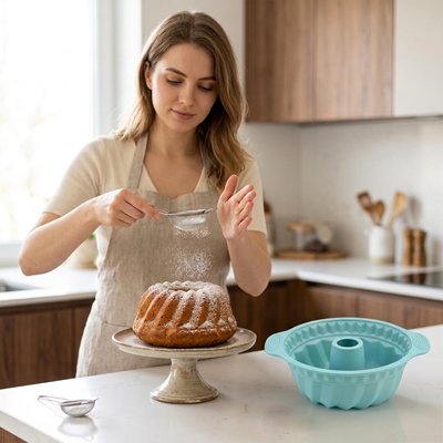Saupoudrage de sucre glace sur gâteau dans Moule à kouglof