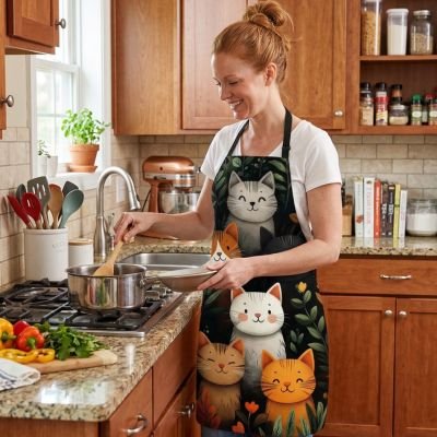 Tablier de cuisine chats colorés et feuillage vert