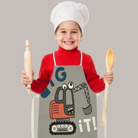 Tablier de cuisine enfant avec dessin de pelleteuse souriant