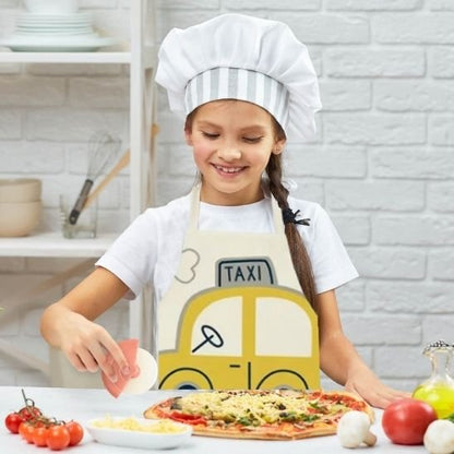 Tablier de cuisine enfant avec dessin de taxi préparant une pizza