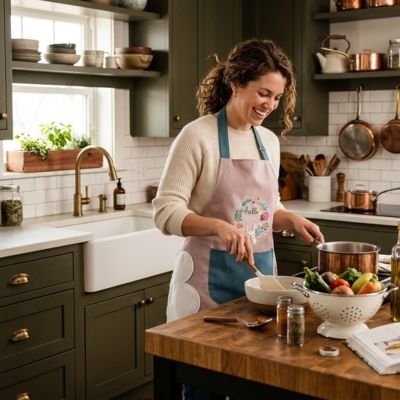 Tablier de cuisine fleuri femme préparant des légumes