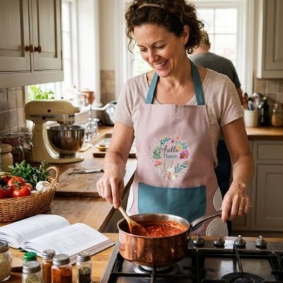 Tablier de cuisine fleuri femme préparant une sauce