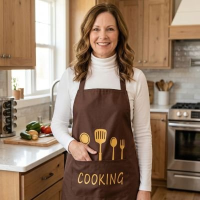 Tablier de cuisine marron motif Cooking et ustensiles