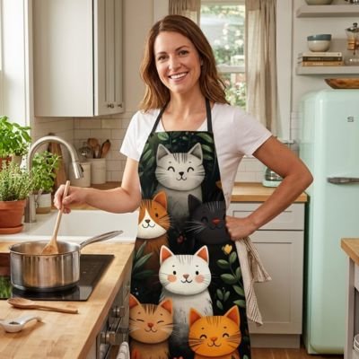 Tablier de cuisine noir motifs chats et feuillage