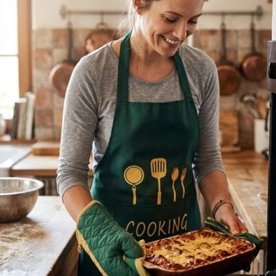 Tablier de cuisine vert motif Cooking et ustensiles dorés
