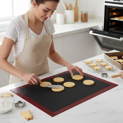 Tapis de cuisson avec biscuits ronds maison