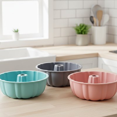 Trois Moule a gateau colorés sur plan de travail