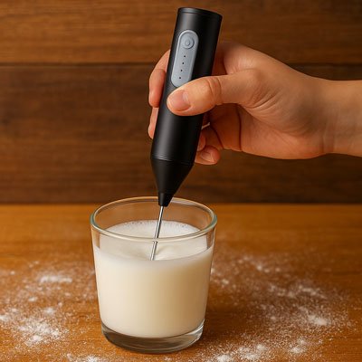 une main utilisant un mousseur a lait pour faire mousser du lait dans un verre, avec de la poudre sur la surface