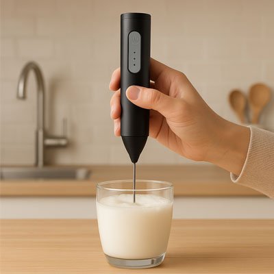 une main utilisant un mousseur a lait pour faire mousser du lait dans un verre, avec une cuisine moderne en arrière-plan