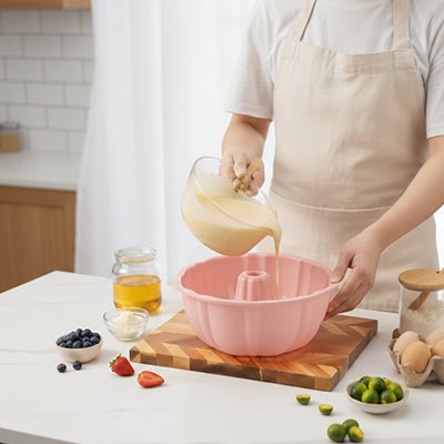 Versement de pâte dans Moule a gateau rose